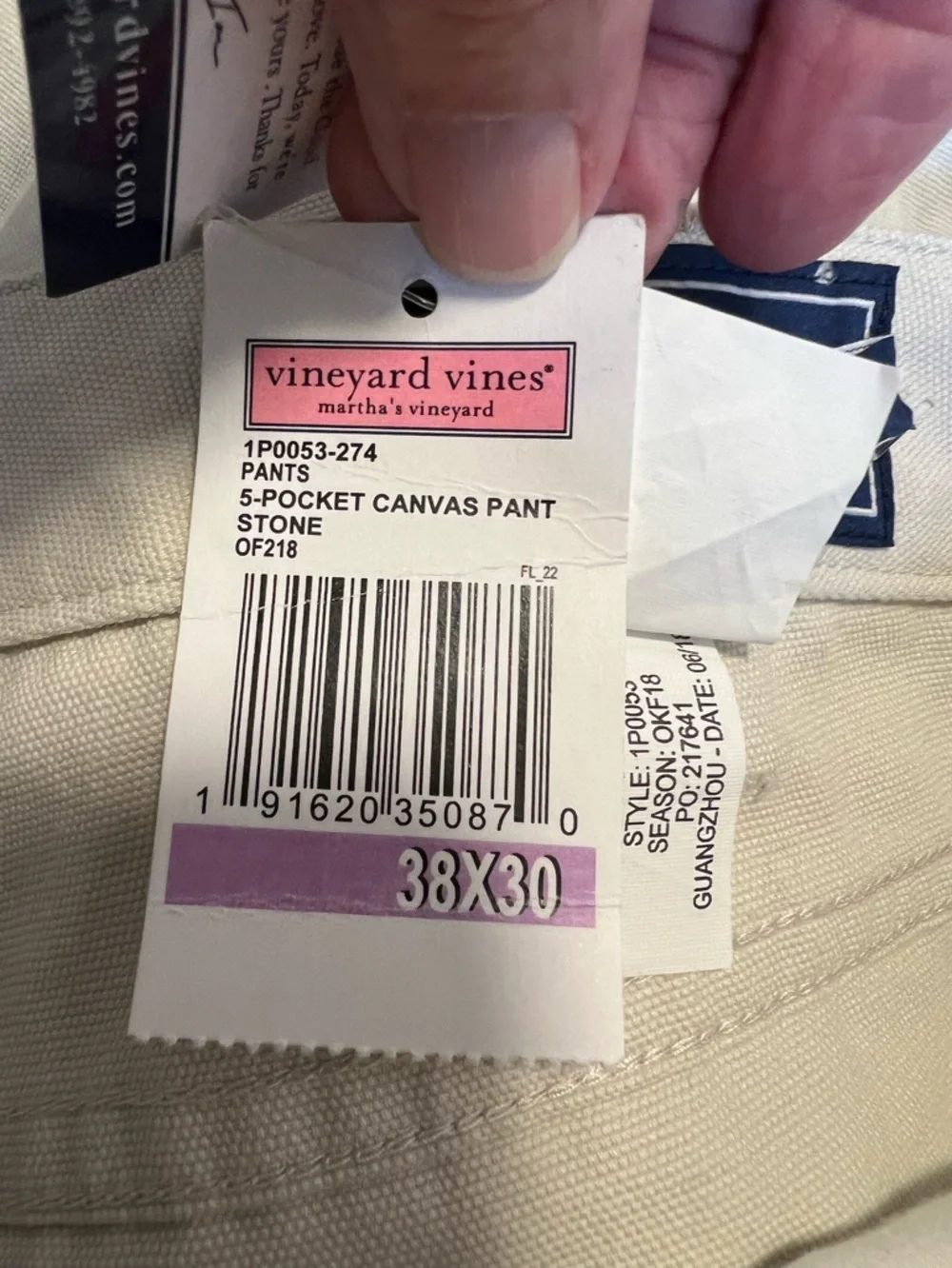 NWT Vineyard Vines Men’s Classic Fit 5 Pocket Canvas Pants Size 38 Color Cream